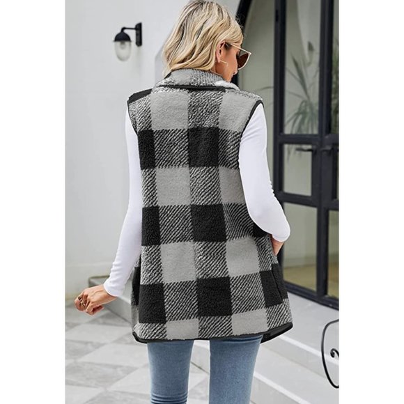 Gray Plaid Print Faux Fur Furry Open Front Sleeveless Vest Cardigan Sweater - Picture 4 of 6
